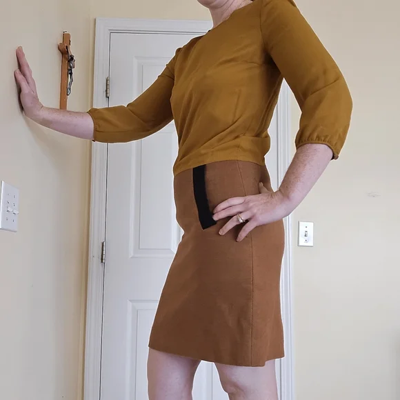 Longchamp Drop Waist Mustard and Tan/Brown Dress Sz 36 Linen Blend - Picture 5 of 7